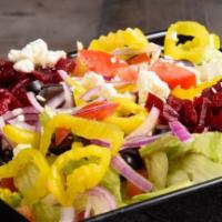 Sm Greek Salad · Lettuce, Tomatoes, Red Onions, Mild Pepper Rings, Feta Cheese, Black Olives & Beets