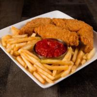 Chicken & Chips · 5 pieces of Golden Fried Chicken Tenderloins and a bountiful order of Fries   
Served with h...
