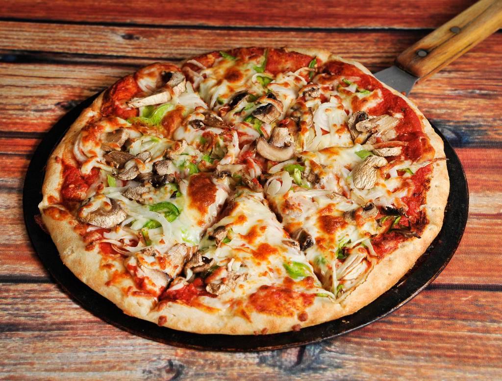 Small Veggie Pizza · Green pepper, onion, jalapeno, black olive and mushroom.