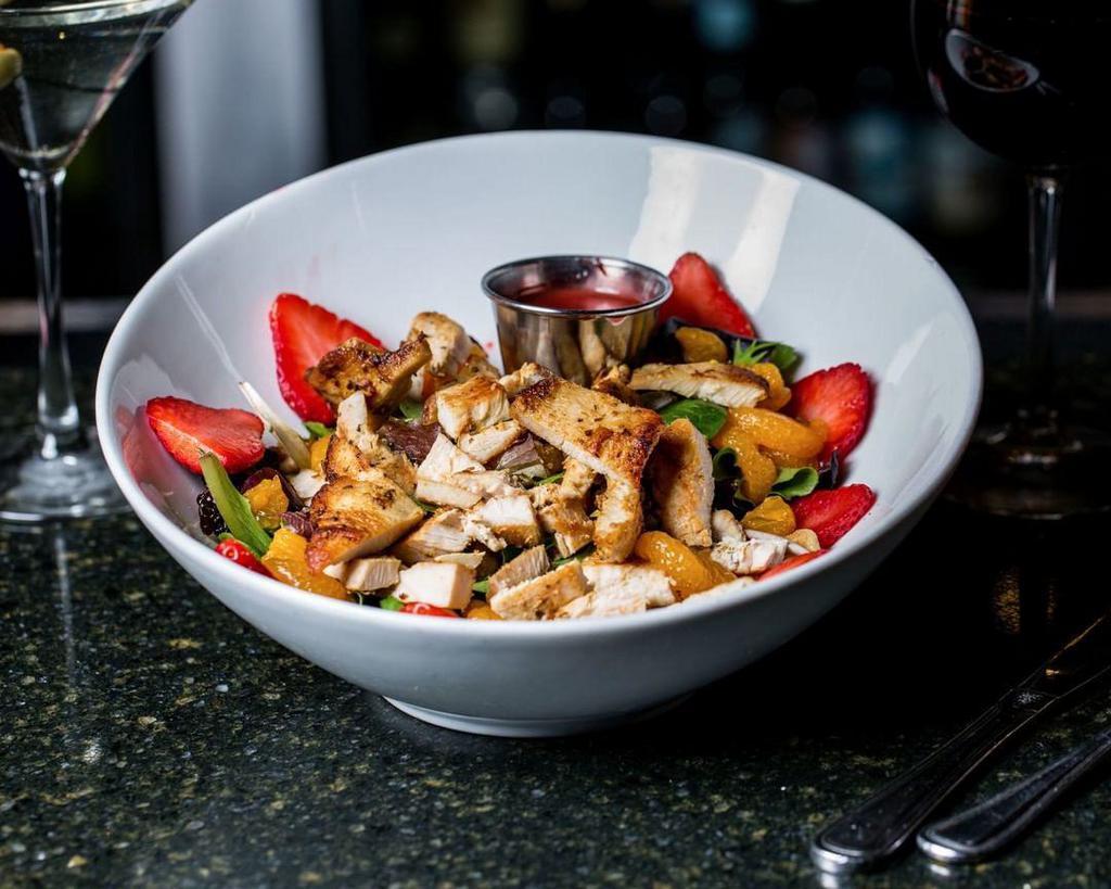 Field Berry Salad · Organic mixed greens, strawberries, dried cherries, mandarin oranges and walnuts topped with grilled chicken. Served with raspberry vinaigrette.