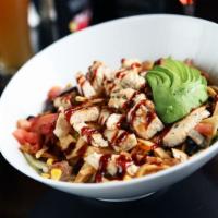 BBQ Chicken Chop Salad · Chopped garden blend with BBQ chicken breast, black bean and corn salsa, avocado, tomatoes, ...