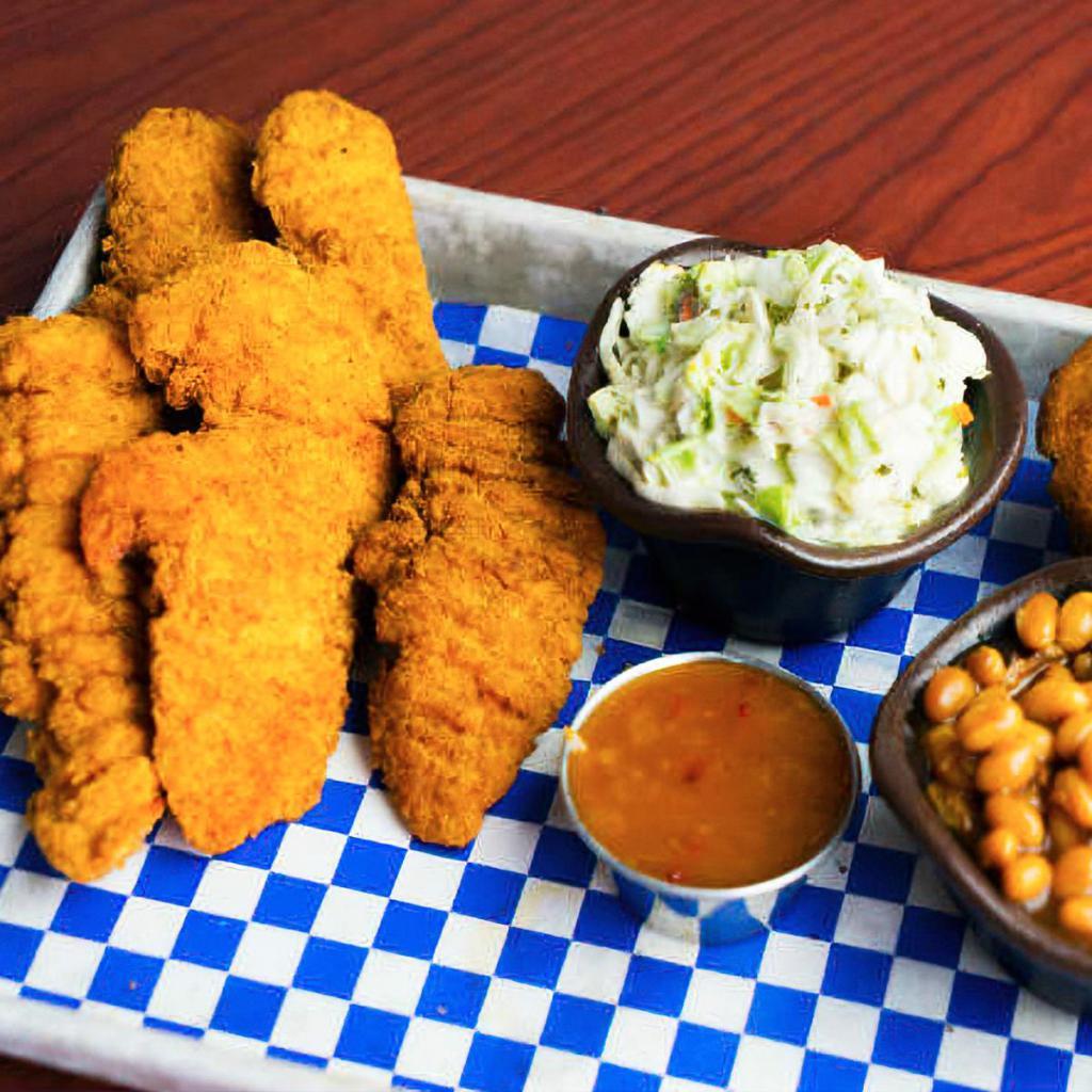 Chicken Tenders (Platter) · Tossed in Dave's special seasoning and served with honey BBQ sauce. Served with a choice of two sides and a cornbread muffin.
