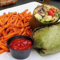Buffalo Chicken Wrap · grilled or crispy chicken, romaine, carrots, celery, cherry tomatoes, blue cheese crumbles, ...