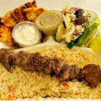 Rhodian Special · Your choice of 1 Grilled Skewer or Gyro Meat Served w/ Side Greek Salad & dressing, Rice, Tz...