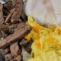 Steak And Eggs · Grilled or fried steak grilled onions  and mushrooms  , 2 eggs, hash browns or grits, 2 panc...