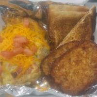 Veggie Omelet · 3 eggs cheese, red pepper, green peppers, onions, mushrooms, spinach, grits or hash browns a...