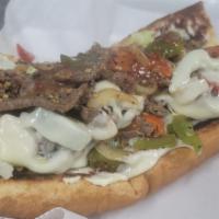 Steak and Chesse · Seasoned grilled steak, cheese, mayo, lettuces, tomatoes, red peppers, green peppers, onions...