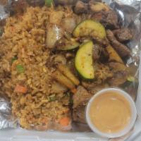 Hibachi Grill · Grilled chicken, onions, mushrooms, squash, zucchini rice and garlic butter served with sala...