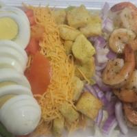 Shrimp Salad · Grilled or fried shrimp on a bed of lettuce, tomato, cucumber, onion, bacon, egg, cheddar ch...