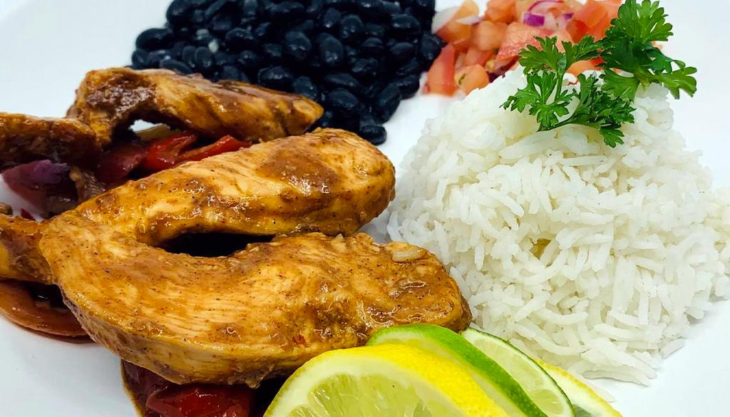 #30. Chicken Fajitas · Baked chicken with onions and peppers. Served over brown rice with black beans and salsa.