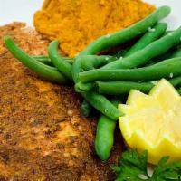 #33. Blackened Salmon · Our Paleo Blacken Salmon, served up with mashed sweet potatoes and garlic sautéed green beans.