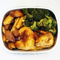 Roasted Half Chicken Dinner, Fingerling Potatoes + Veg. · Antibiotic free half chicken seasoned with (garlic, paprika, salt and pepper) and roasted, r...