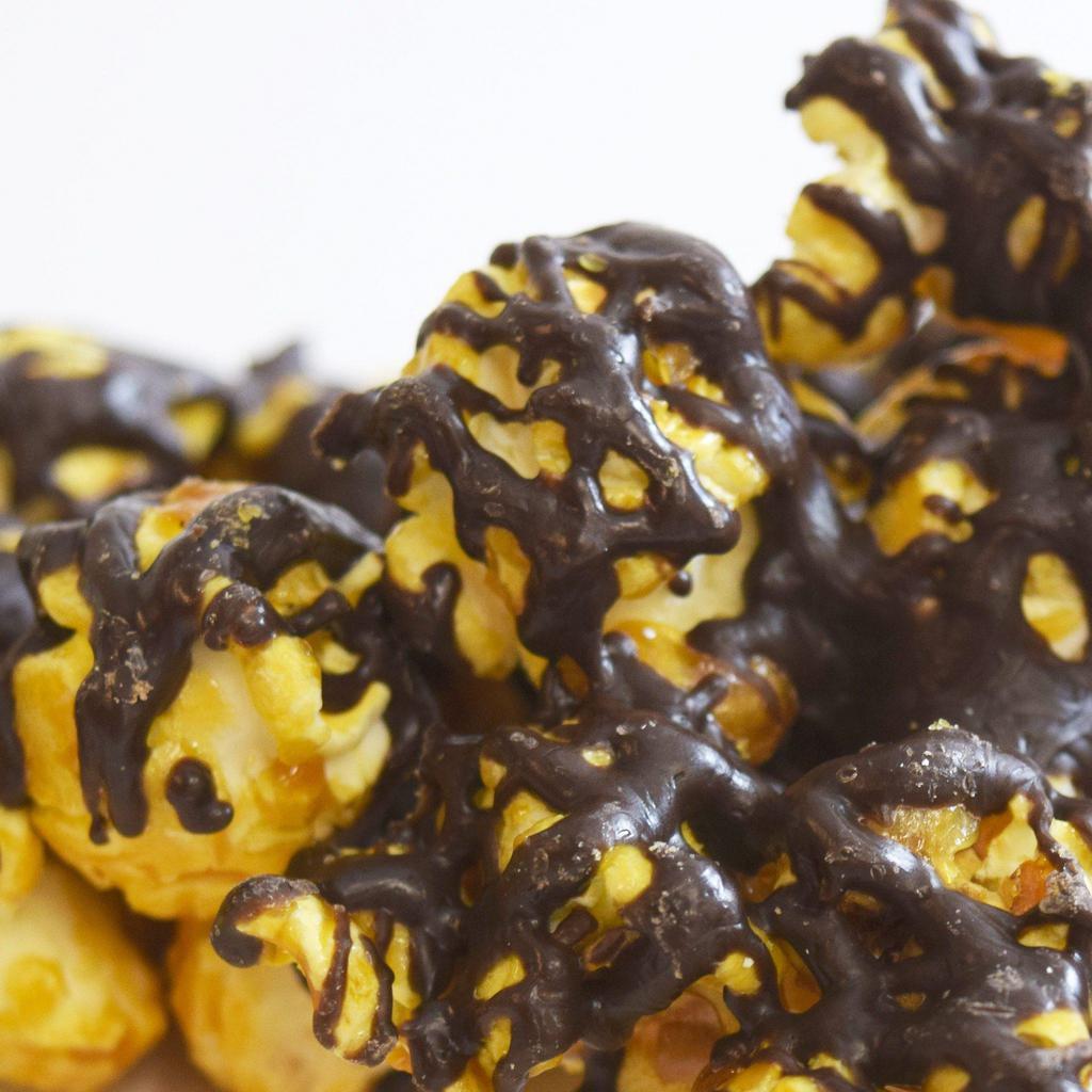 Chocolate Caramel Popcorn · Caramel popcorn with a dark chocolate drizzle.