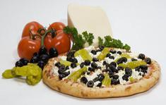 The Greek Pizza · Feta cheese, mozzarella, Greek peppers, and sliced ripe olives.