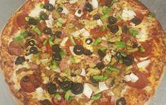 Deluxe Pizza · Pepperoni, mushrooms, onions, green peppers, ham, bacon, black olives, and Italian sausage.