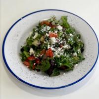 Zorba Salad · Green mix, onions, tomatoes, olives, cucumber, balsamic vinaigrette.