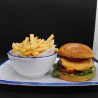 Mashed Burger · Beef patty, sauteed onion, American cheese, tomato, lettuce. And french fries 