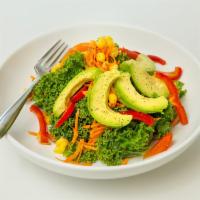 Kale Sald · Kale, corn, red peppers, carrot, avocado, basil and honey dressing.