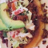 9. Sope · Each. Come with beans, cheese, lettuce, tomatoes sour cream, and avocado choice of Asada, ba...