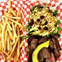 Grill Steak with Fries and salad · Beef steak.