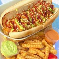 Hot Dog with Fries · Cheese, Potato Chips and Sauce of Hause