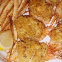 Stuffed Jumbo Shrimp  · 5 Jumbo shrimp stuffed with a whole crab cake. with fresh cut fries.