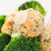Salmon Balls · Broccoli garlic and oil, Parmigiano. Vegetarian.