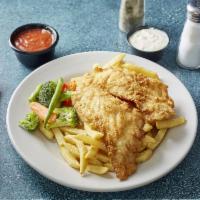 Fried Fillet of Grouper · Lightly battered and deep-fried Served with potato and vegetables.