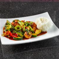 Basil Shrimp · Shrimp and vegetable stir-fry with spicy thai basil sauce.