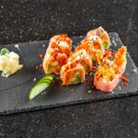Pink Lady Roll · Spicy real crab, shrimp tempura, avocado, crab meat and fish egg wrap in soy paper. top with...