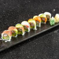 Rainbow Roll · Crab meat, cucumber and avocado inside, with 4 pieces fish on top.