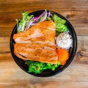 Salmon Bowl · Pan-seared salmon served with rice or salad and toppings. Served with choice of miso soup.