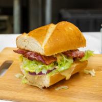 Bacon Sandwich  · Swiss cheese, lettuce, red onion, and spicy mayo. Includes soup, sandwich, and potato fries.