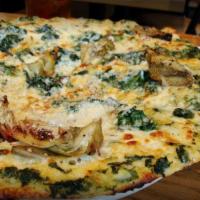 Spinach and Artichoke Pizza · Garlic herb sauce, mozzarella cheese, tomatoes, caramelized onions, fresh spinach, artichoke...