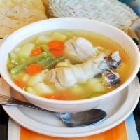 Caldo de Pollo · Chicken soup (2 Drumsticks). veggies are Carrots, Potato, Green Peas, Chayote( Mirliton Squa...