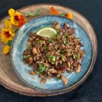 Pork Belly Sisig · MInced pork with chile, citrus, onion, and chicken liver. Add a fried egg for an additional ...