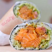 Sushi Burrito · Choice of protein, Nori Wrap, Sushi Rice, Cucumber, Green Onion, Sriracha Aioli, Unagi Sauce...