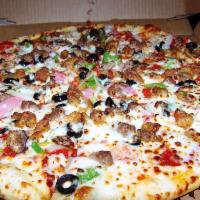 The Supreme Pizza · Our secret recipe pizza sauce topped with pepperoni, Italian sausage, ground beef, ham, Cana...