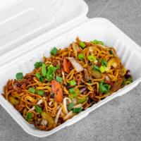Pork Yakisoba Noodles · Yakisoba noodles, cabbage, carrots, onions, celery, bean sprouts, ginger, and bacon.
