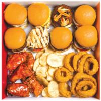 Family Box · 8 (3 oz). Burgers (choose up to 2 patty options), 8 wings, Fries and Onion rings. Choose up ...