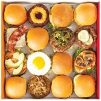 Party Box · 16 (3 oz.) Burgers, Choose up to 4 types of patties for 4 sets of burgers and  customized Bu...
