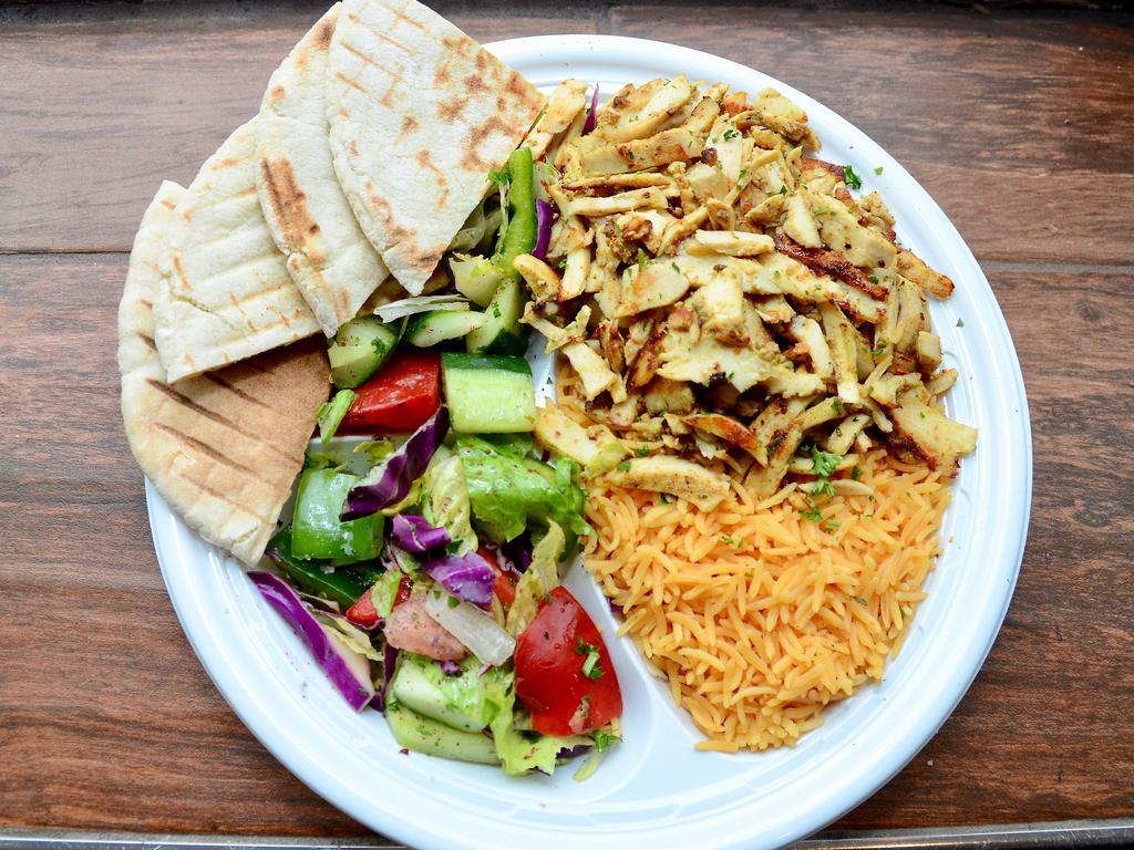 Chicken Shawarma · Served with choice of rice, house salad, garlic sauce and grilled pita.
Add grilled vegetables for an additonal 2.00