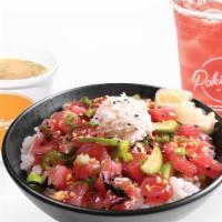 Poke Your Way Combo - Regular · Two proteins with your choice of base, mix-ins, toppings, and flavor. Choose a side and a dr...