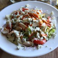Buffalo Chicken Salad · Chicken, tomatoes, onions, Gorgonzola cheese with iceberg and romaine dressed with blue chee...
