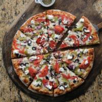 Greek Pizza · Feta, Red Onions, Bell Peppers, Black Olives and Roma Tomatoes