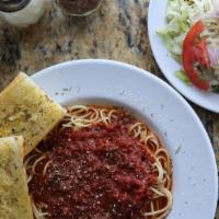 Spaghetti Marinara Dinner · Fresh spaghetti pasta noodles with our homemade marinara sauce, garlic bread and small fanta...