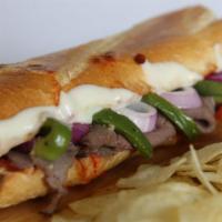 Roast Beef Hero · Roast beef, marinated bell peppers, onions, mozzarella, and marinara served HOT on a baguette.