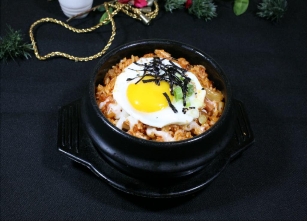 Kimchi Fried Rice with Cheese(김치치즈볶음밥) · Chicken sausage, mozzarella cheese, fried egg, house kimchi, and rice.
Served with sides
