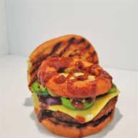 Hank Hill Burger · Vegan hamburger buns, beyond meat patty, vegan gouda cheese, sauteed onions and jalapenos, p...