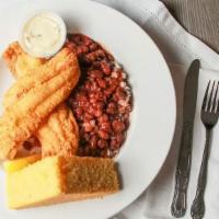 Deep Fried Catfish  · 2 house breaded catfish fillets served with red beans over rice and cornbread.